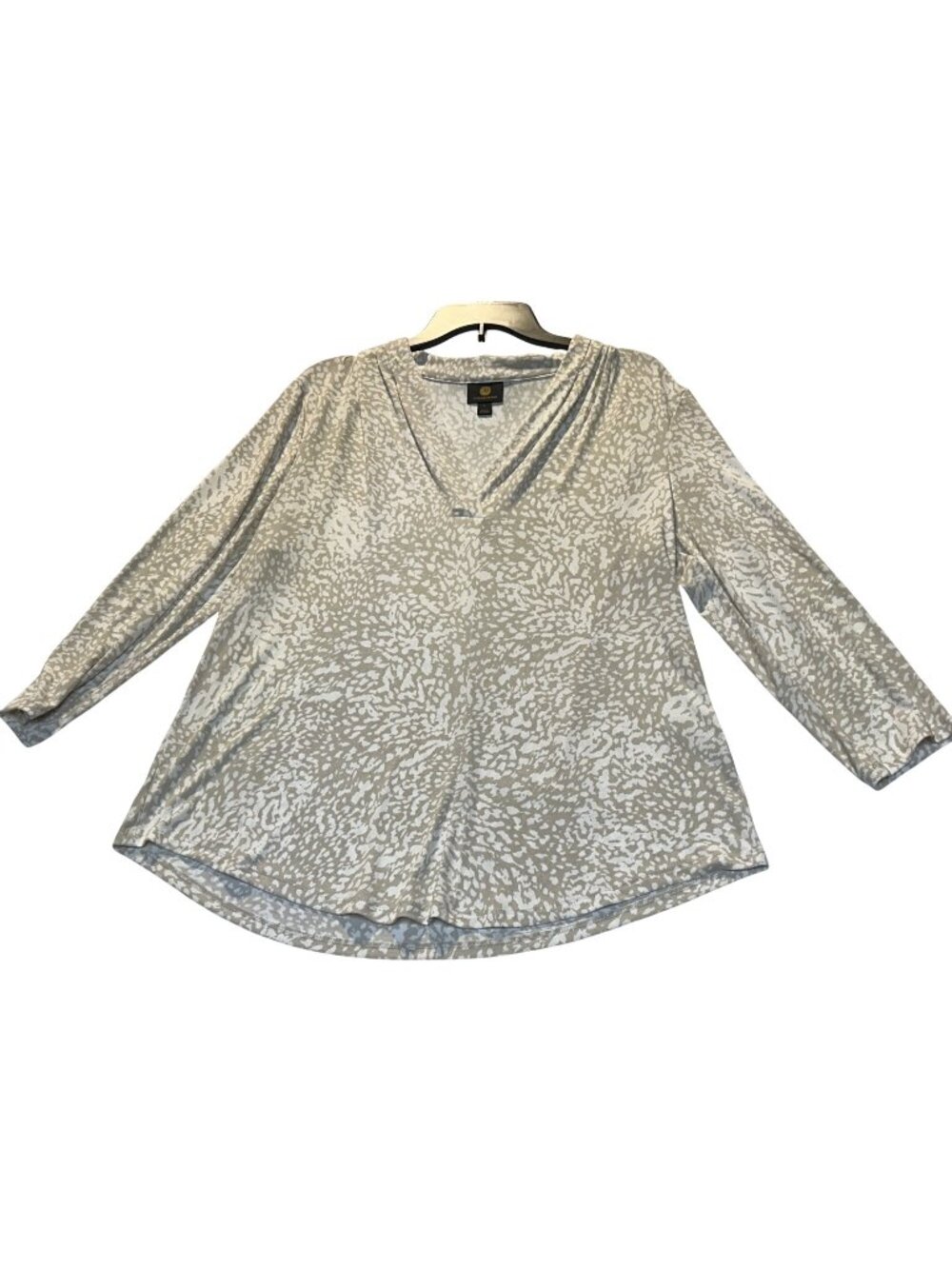 JM Collection Large Beige & White Printed ITY Top Lightweight Stretch Fabric V-N